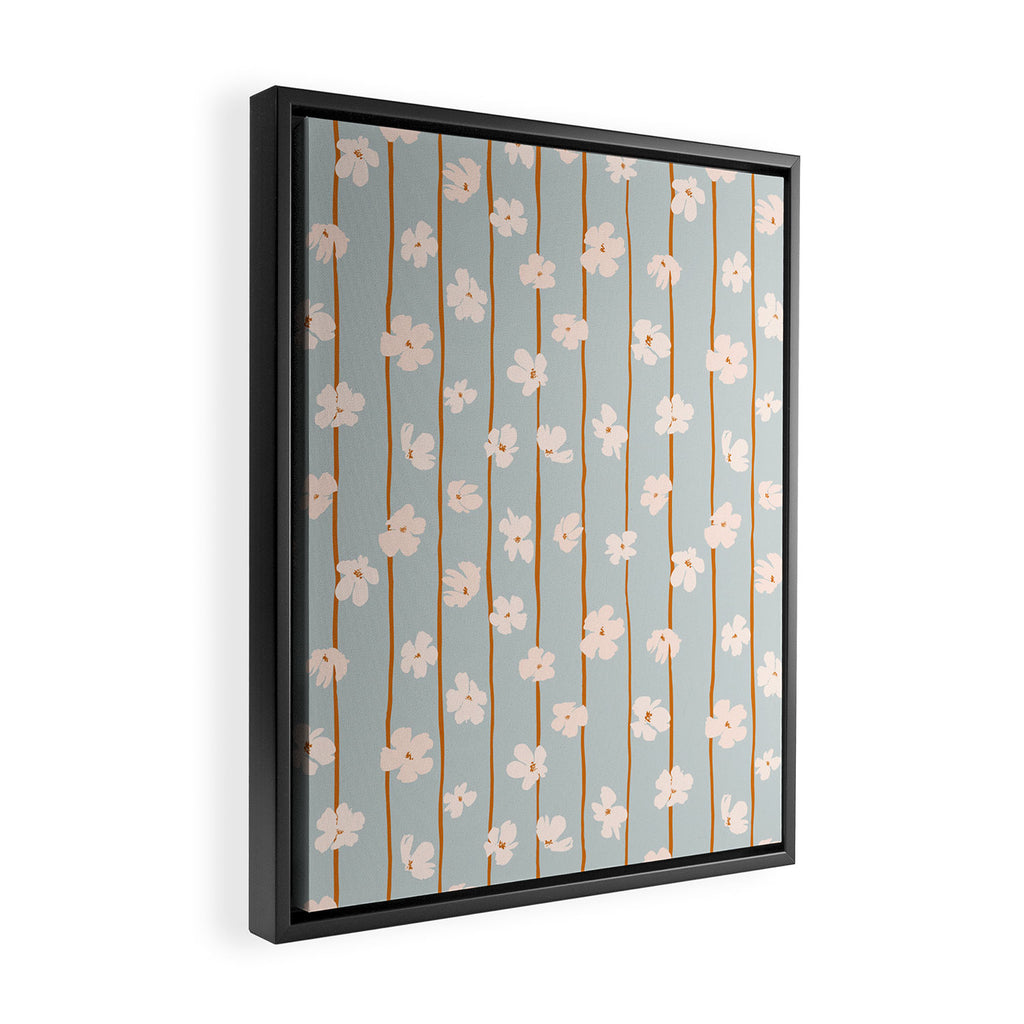 Peach flowers on green and orange vertical stripes background pattern Framed Canvas Print Gallery Image 2