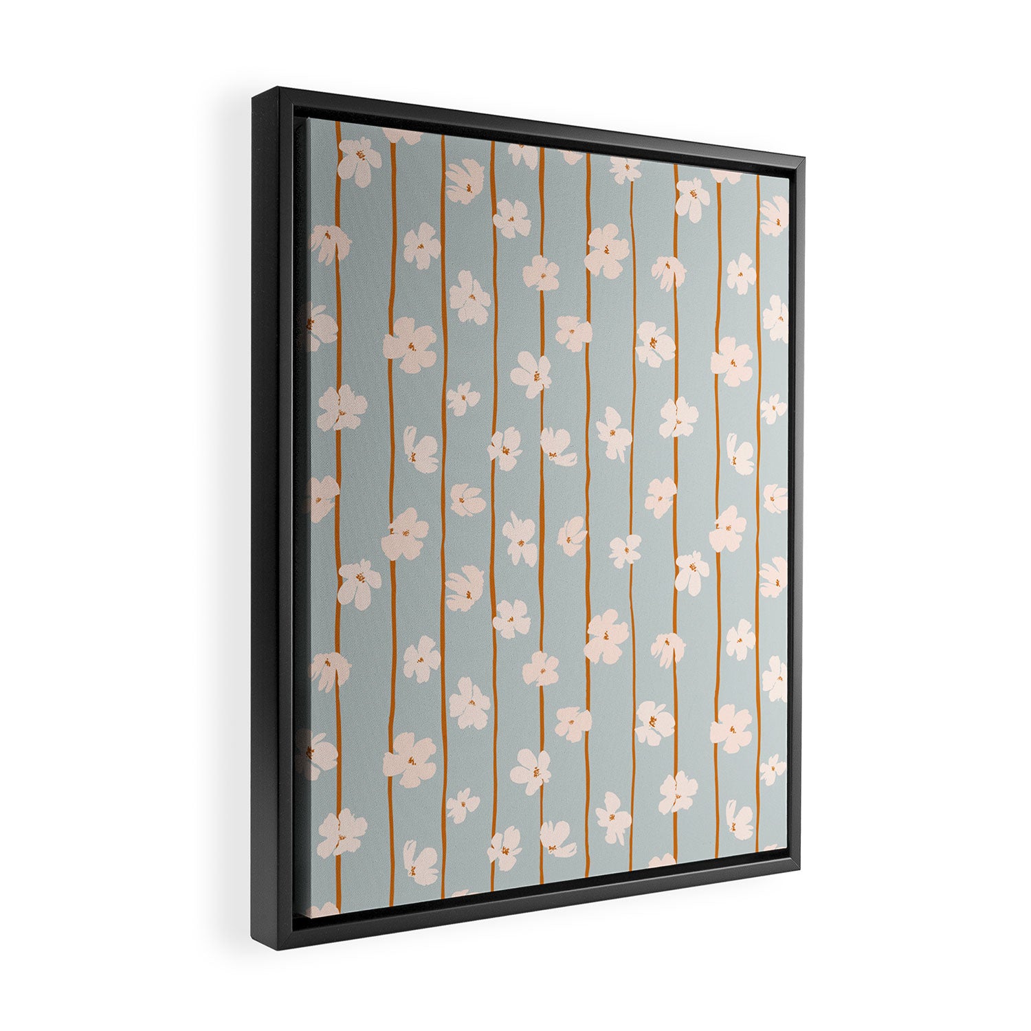Peach flowers on green and orange vertical stripes background pattern Framed Canvas Print Gallery Image 2