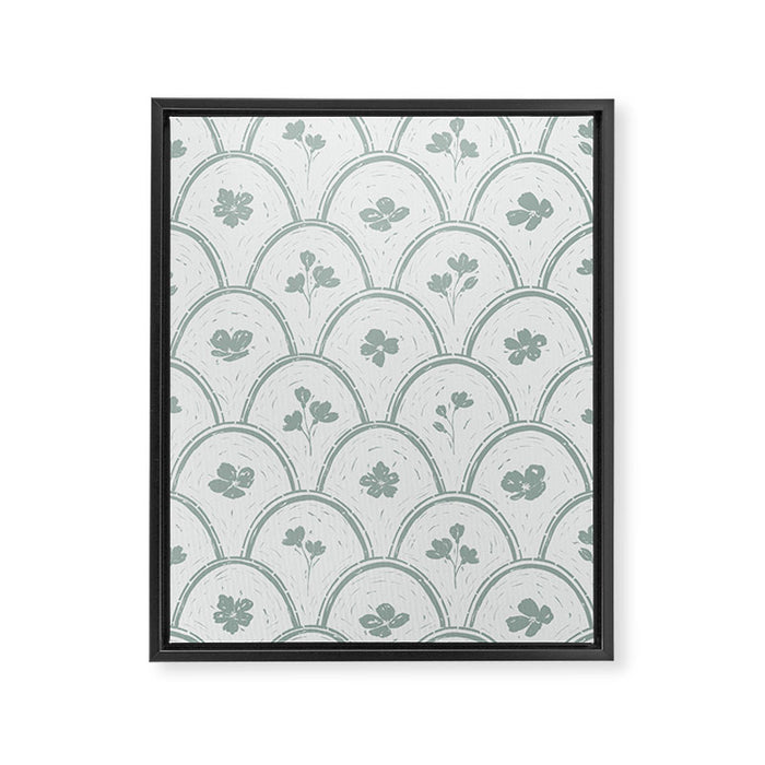 Rustic scallop floral block print - dusty mint pastel green pattern Framed Canvas Print Gallery Image 1