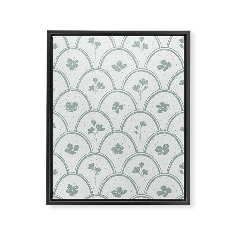 Rustic scallop floral block print - dusty mint pastel green pattern Framed Canvas Print Gallery Image 8