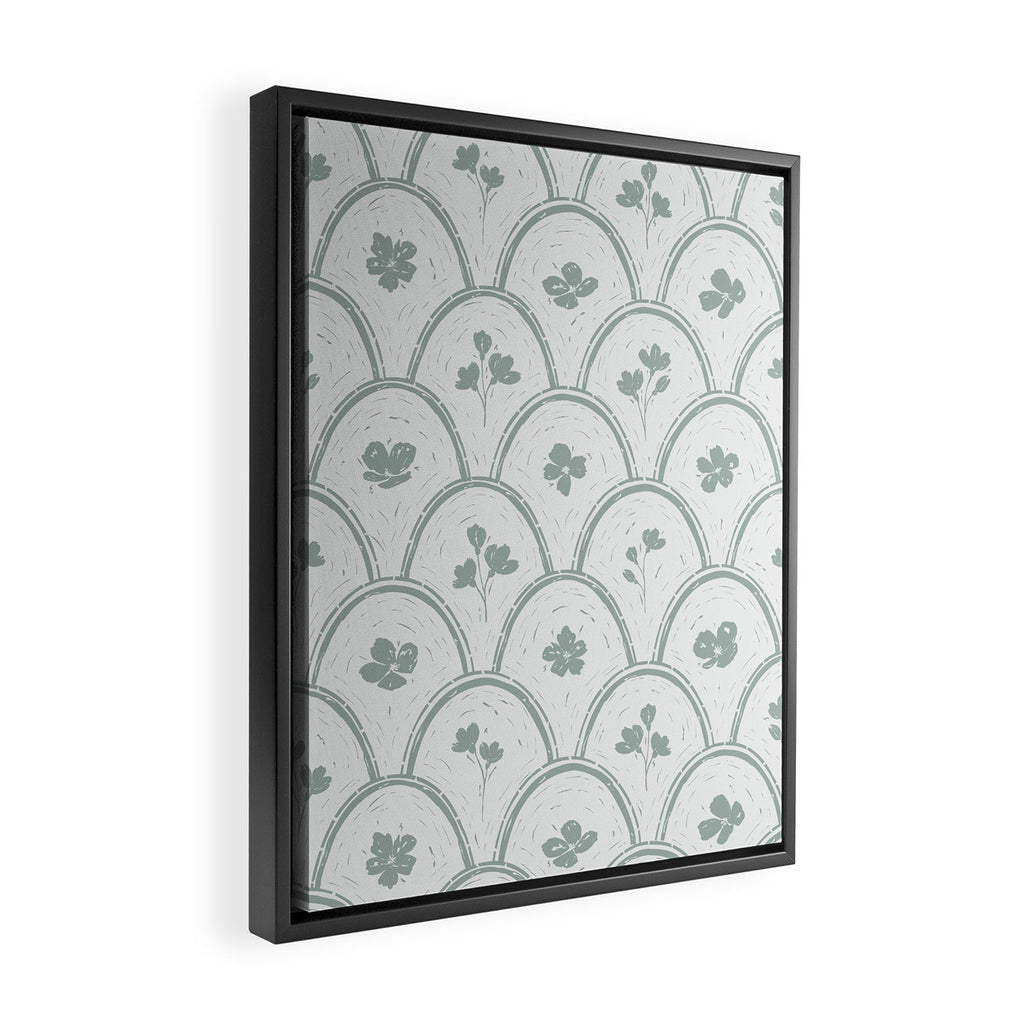 Rustic scallop floral block print - dusty mint pastel green pattern Framed Canvas Print Gallery Image 2