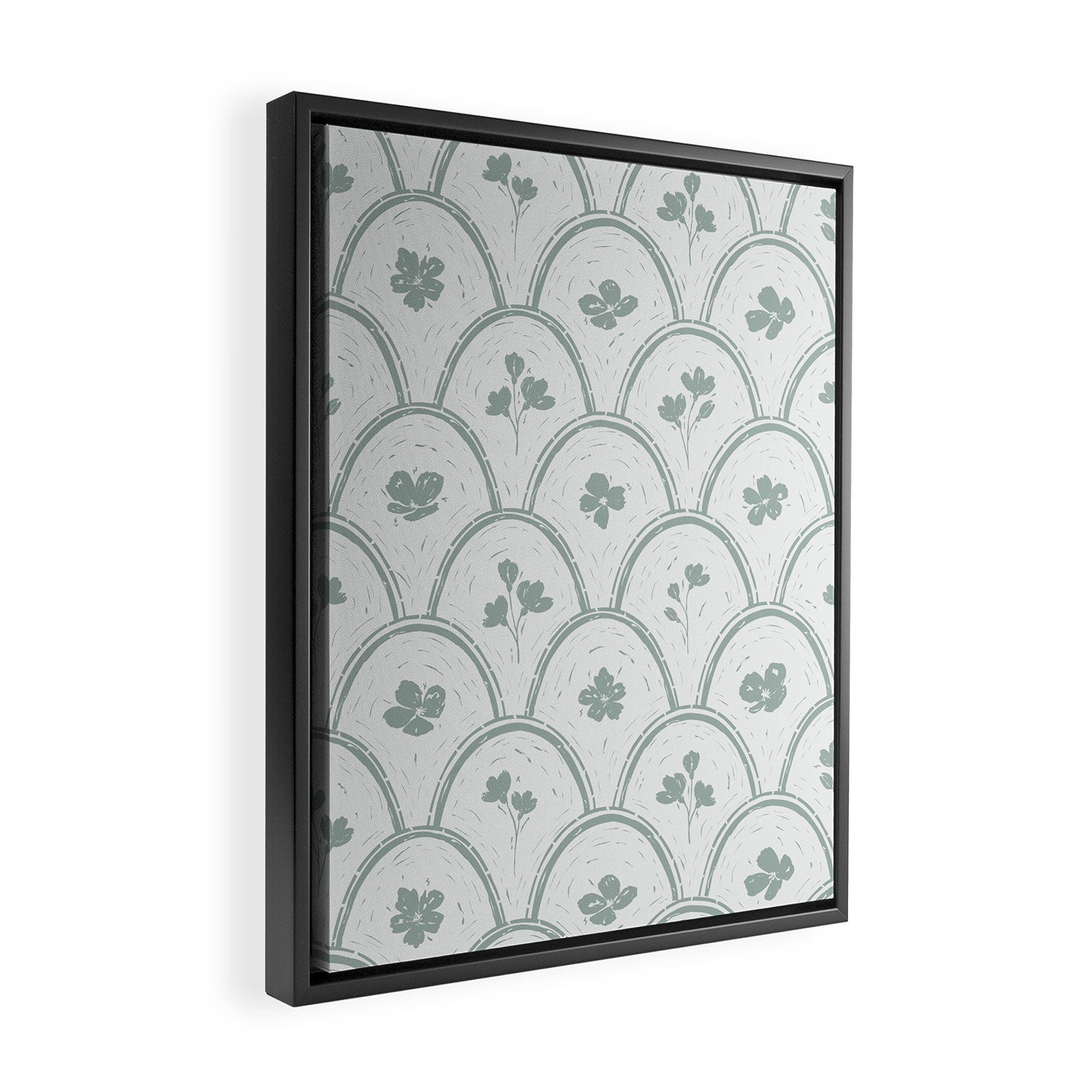 Rustic scallop floral block print - dusty mint pastel green pattern Framed Canvas Print Gallery Image 2
