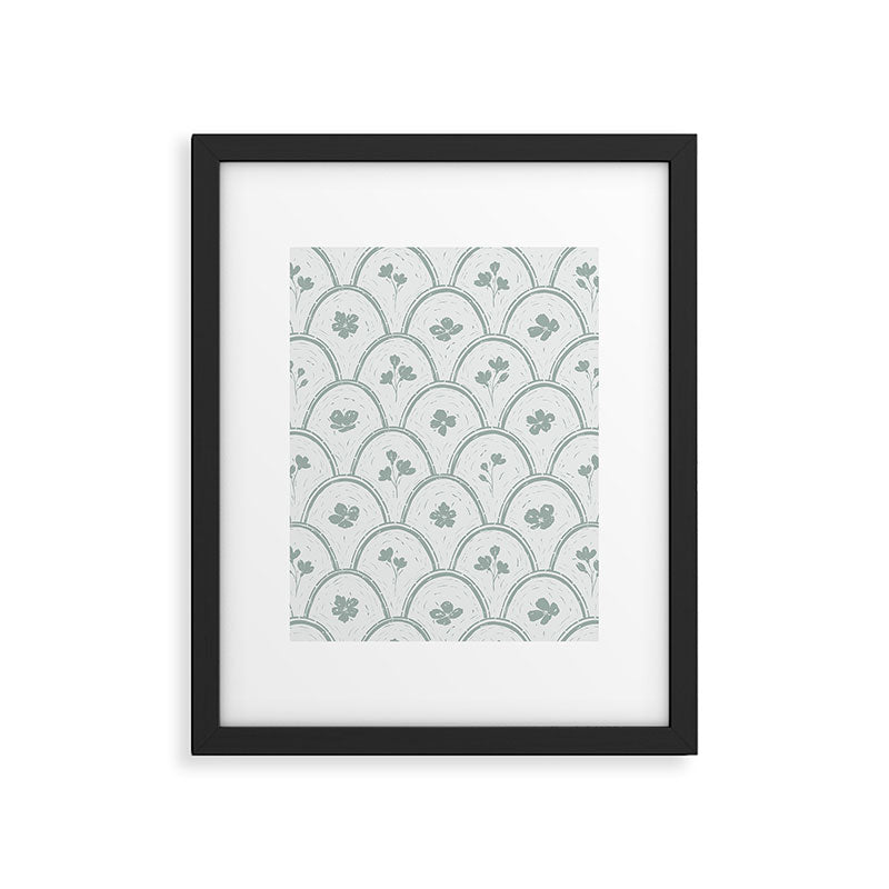 Rustic scallop floral block print - dusty mint pastel green pattern Framed Art Print Gallery Image 6