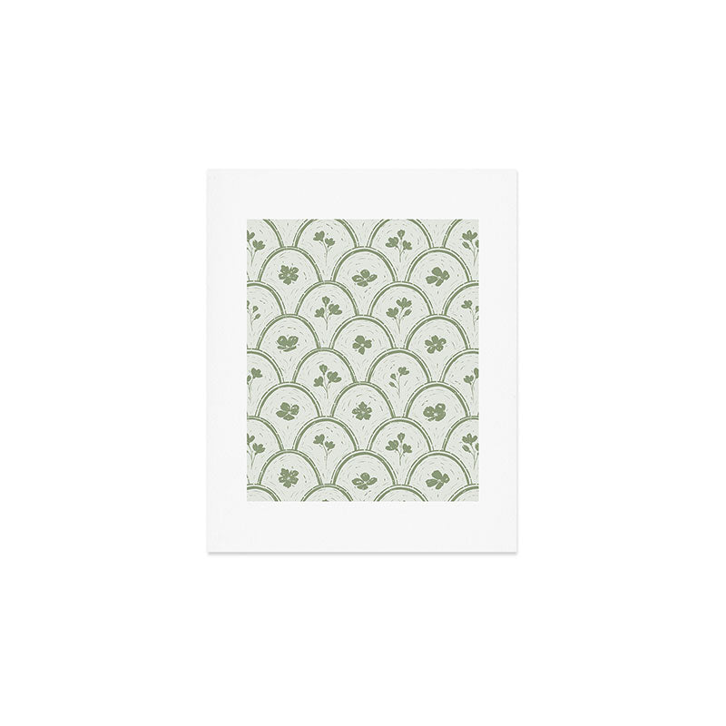 Rustic scallop floral block print - sage green pattern Art Print Gallery Image 1