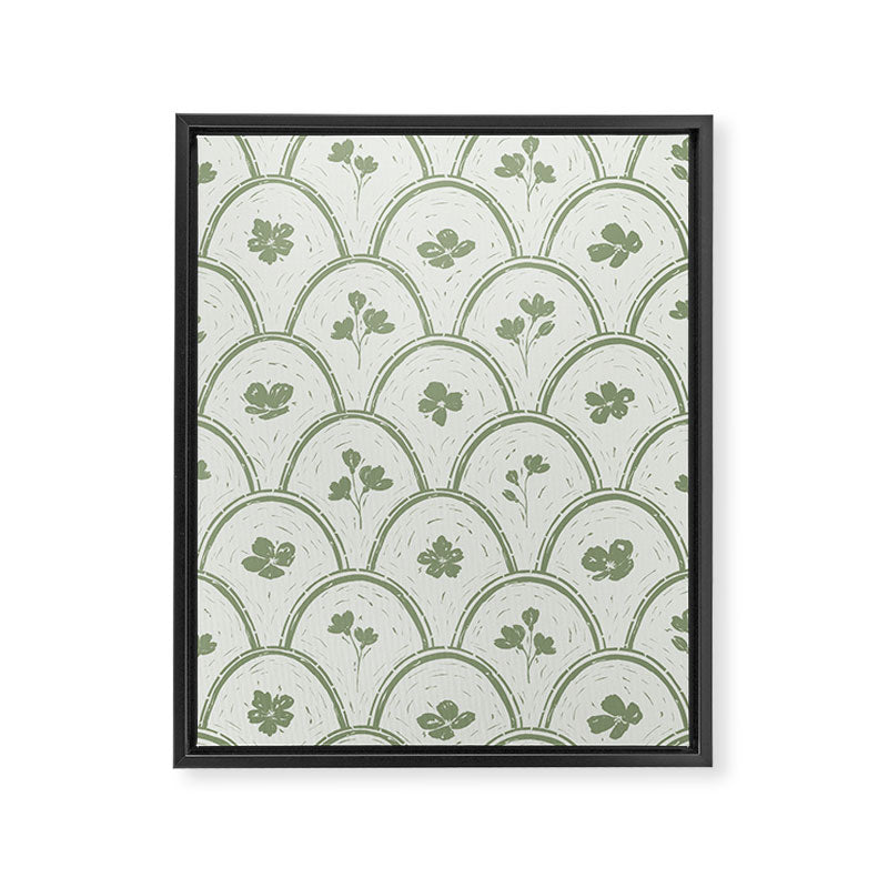 Rustic scallop floral block print - sage green pattern Framed Canvas Print Gallery Image 8
