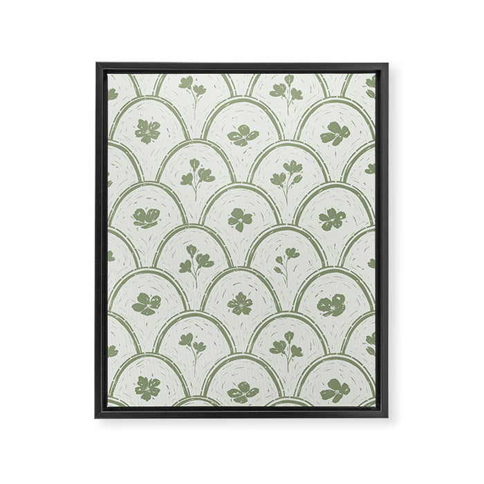 Rustic scallop floral block print - sage green pattern Framed Canvas Print Gallery Image 1