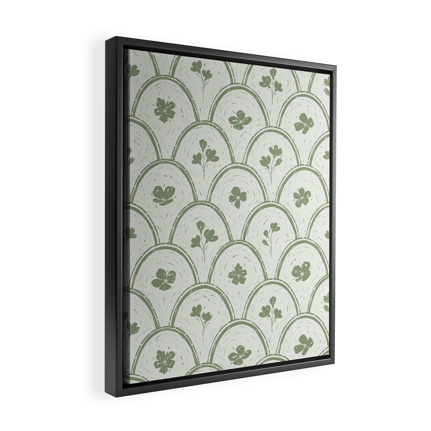 Rustic scallop floral block print - sage green pattern Framed Canvas Print Gallery Image 2