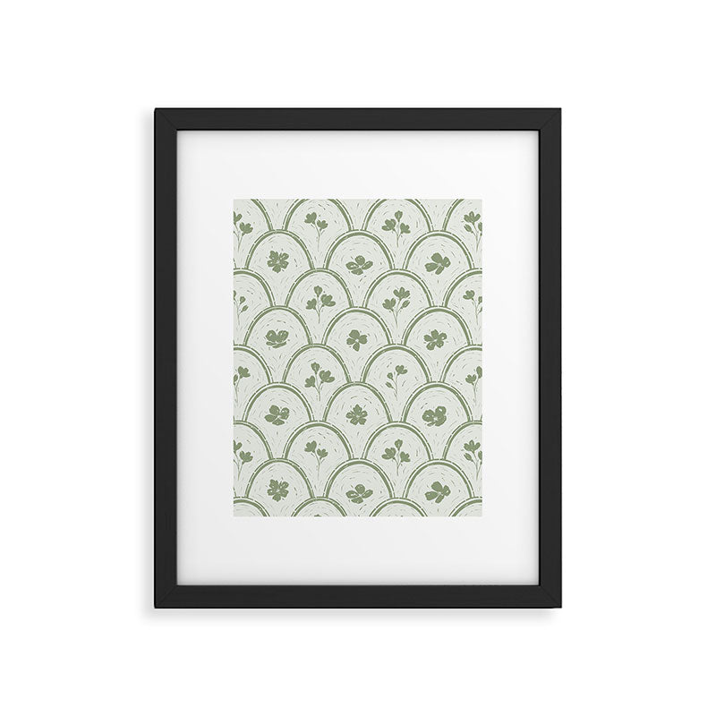Rustic scallop floral block print - sage green pattern Framed Art Print Gallery Image 6