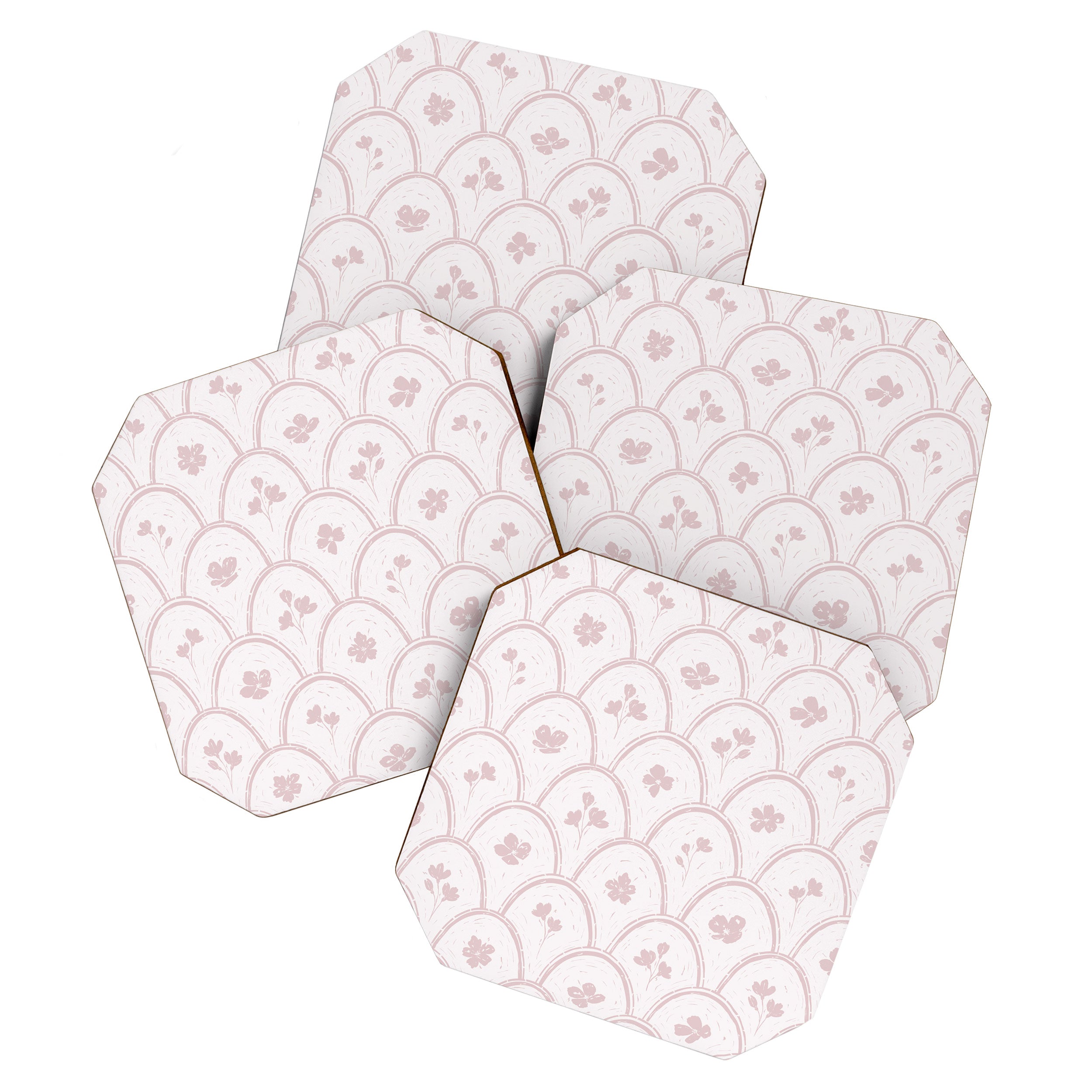 Rustic scallop floral block print - soft blush baby pink pattern Coaster Gallery Image 1