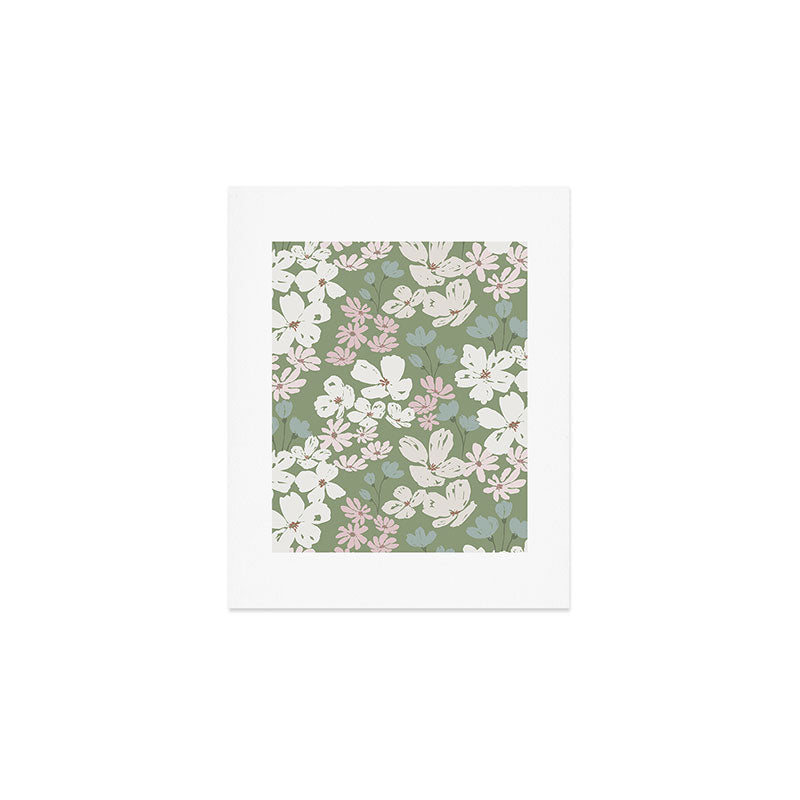 Soft meadow blooms - dusty mint, cream and pink floral pattern Art Print Gallery Image 1