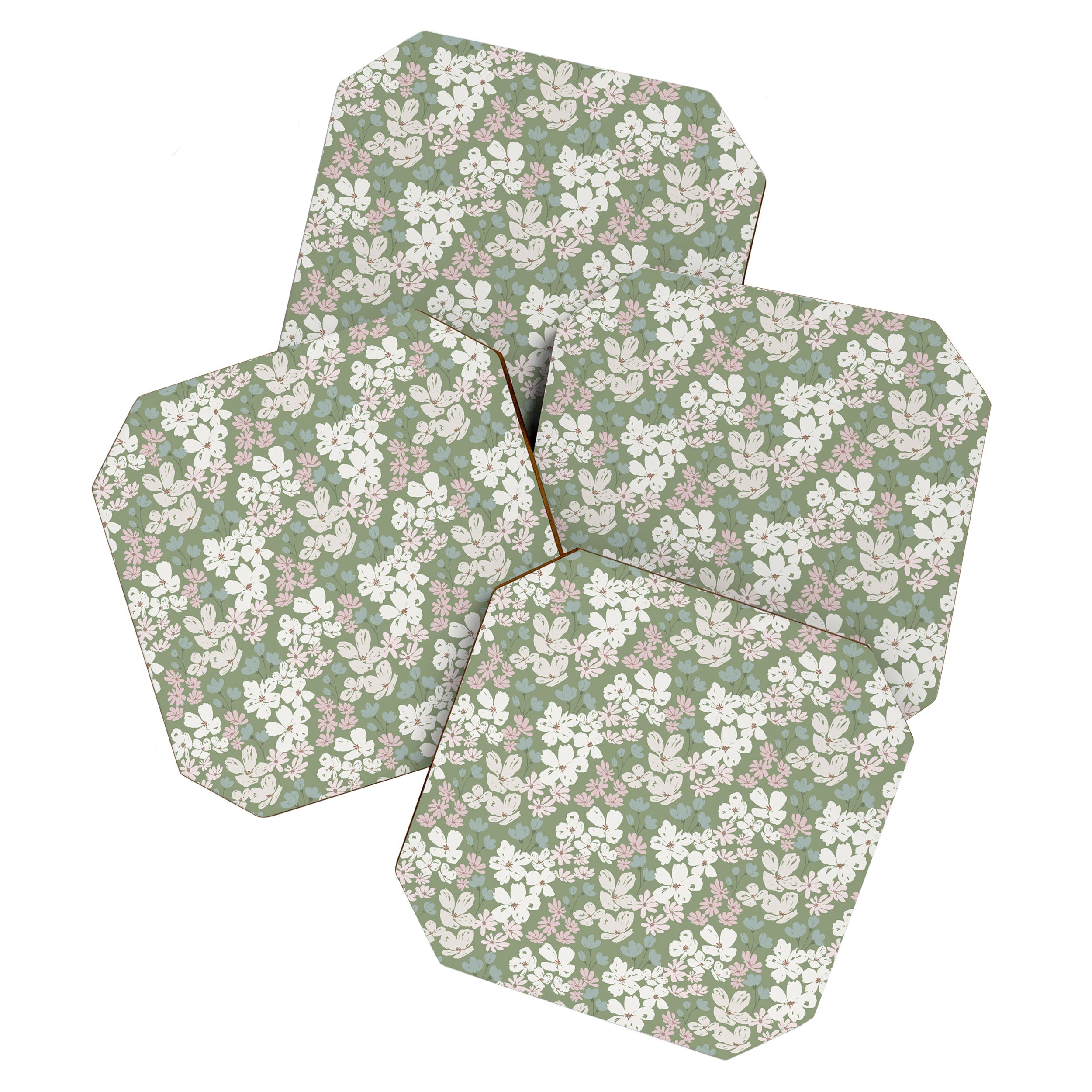 Soft meadow blooms - dusty mint, cream and pink floral pattern Coaster Gallery Image 1