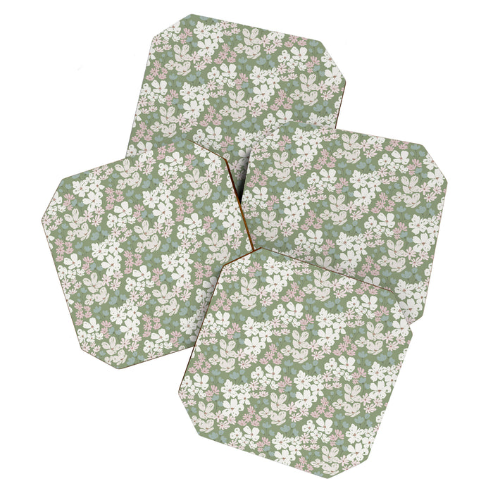 Soft meadow blooms - dusty mint, cream and pink floral pattern Coaster Gallery Image 1