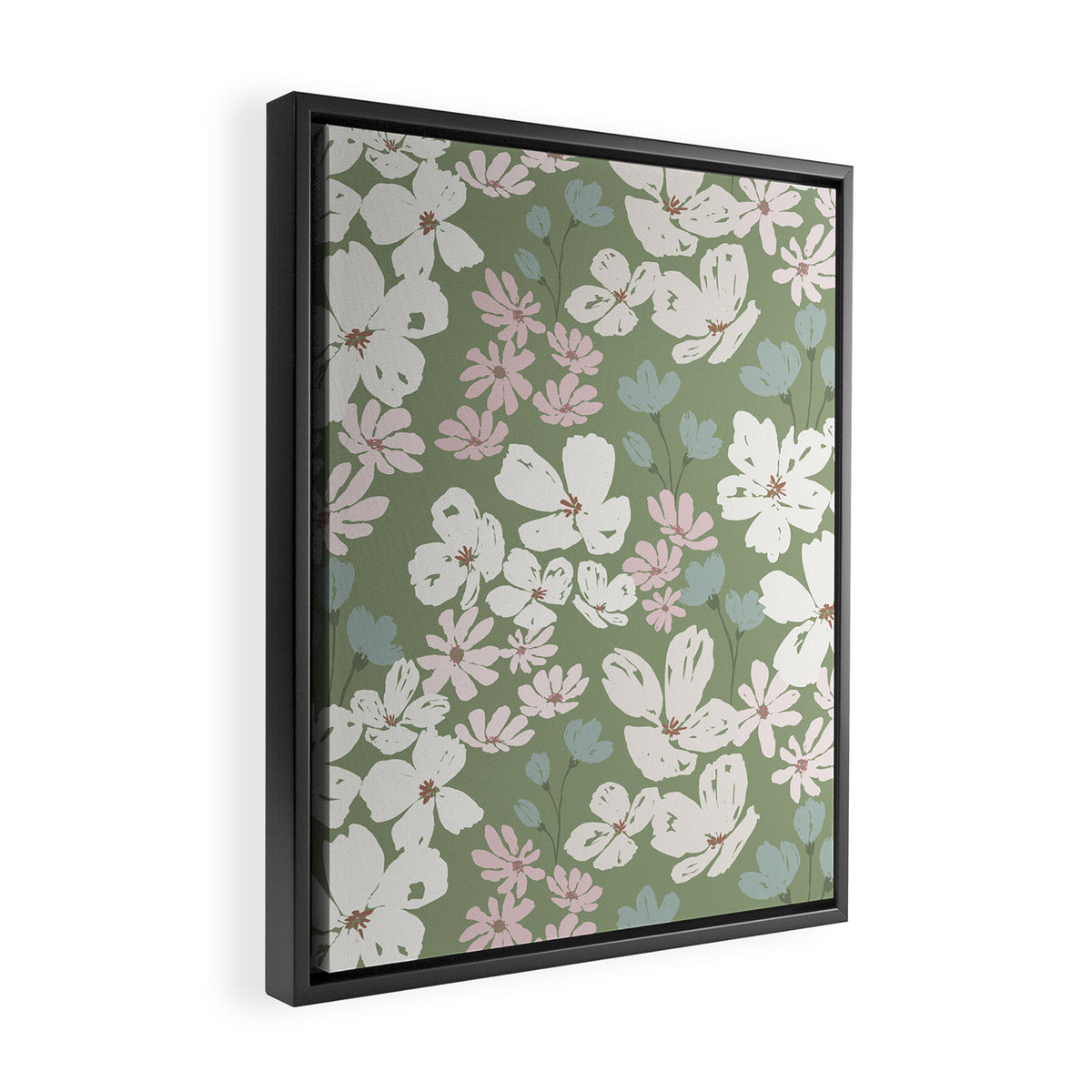 Soft meadow blooms - dusty mint, cream and pink floral pattern Framed Canvas Print Gallery Image 2