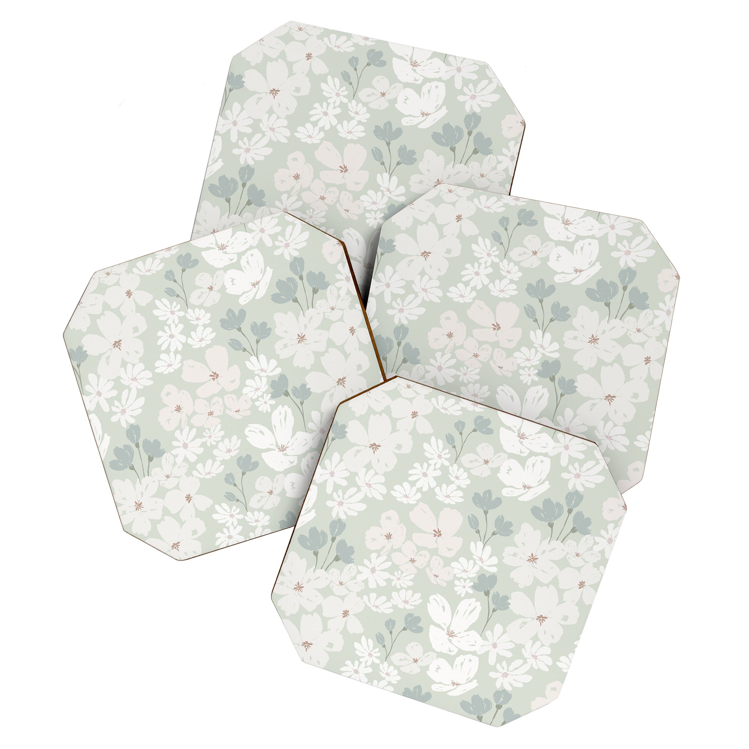 Soft meadow blooms - muted mint, dusty green and beige floral pattern Coaster Gallery Image 1