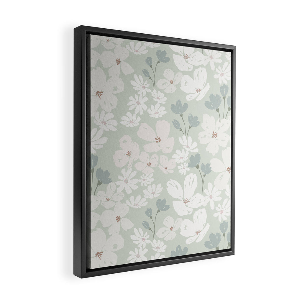 Soft meadow blooms - muted mint, dusty green and beige floral pattern Framed Canvas Print Gallery Image 2