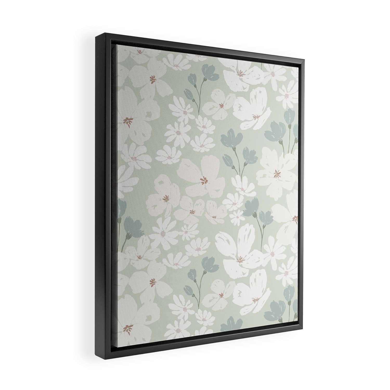 Soft meadow blooms - muted mint, dusty green and beige floral pattern Framed Canvas Print Gallery Image 2