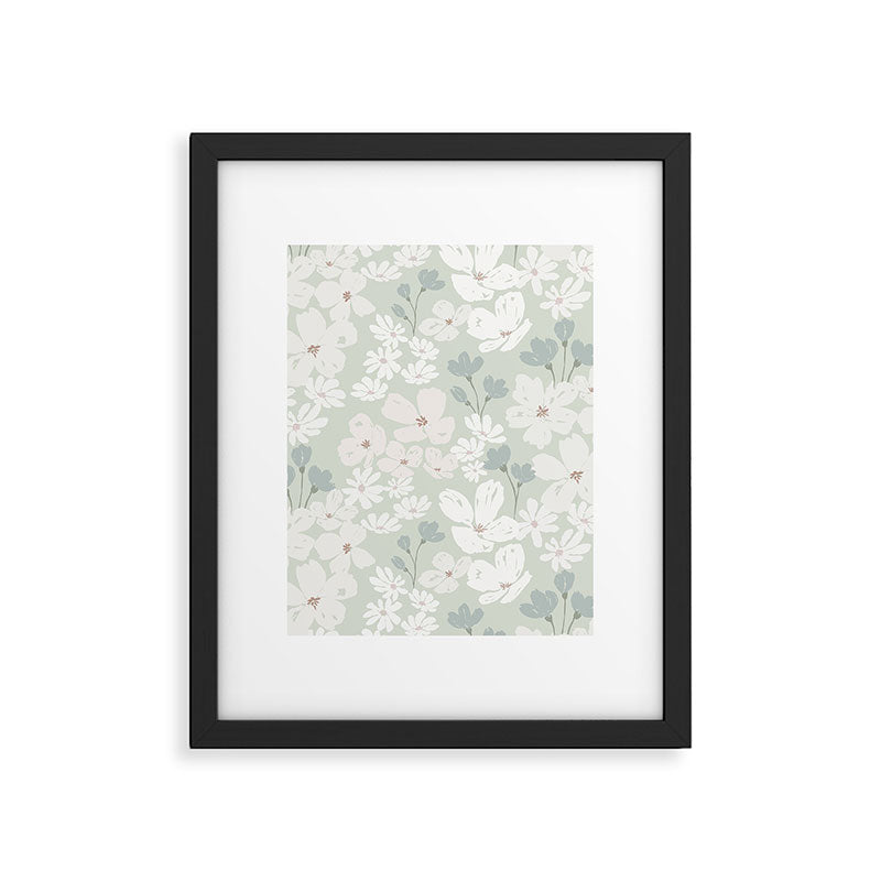 Soft meadow blooms - muted mint, dusty green and beige floral pattern Framed Art Print Gallery Image 6