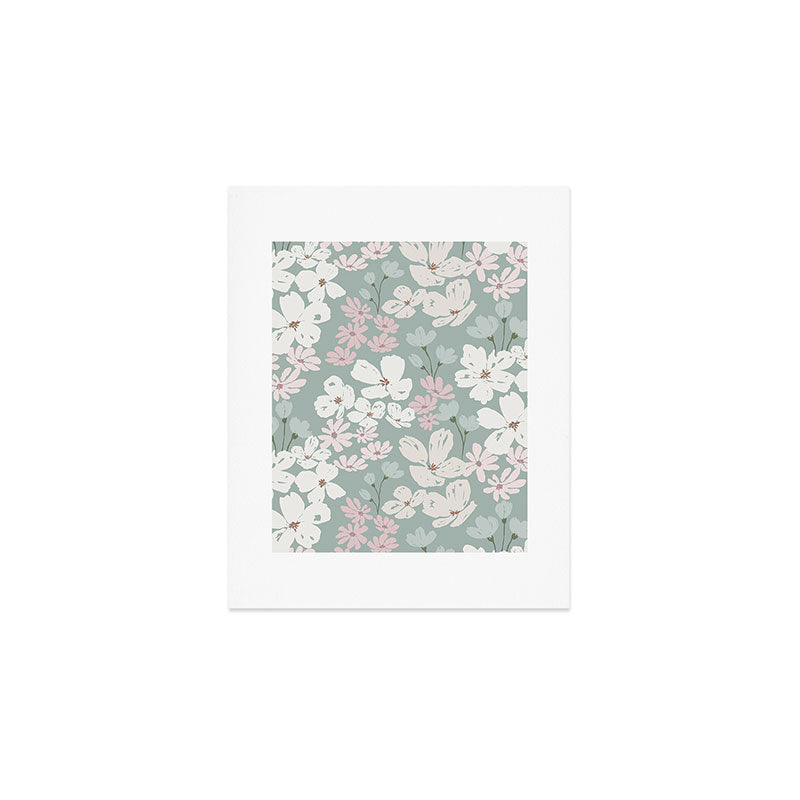 Soft meadow blooms - muted mint, dusty green, pink and beige floral pattern Art Print Gallery Image 1