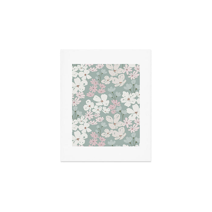 Soft meadow blooms - muted mint, dusty green, pink and beige floral pattern Art Print Gallery Image 1
