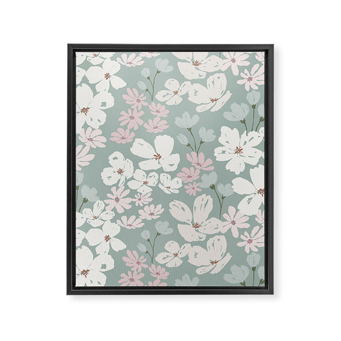 Soft meadow blooms - muted mint, dusty green, pink and beige floral pattern Framed Canvas Print Gallery Image 1
