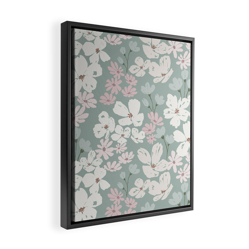 Soft meadow blooms - muted mint, dusty green, pink and beige floral pattern Framed Canvas Print Gallery Image 2