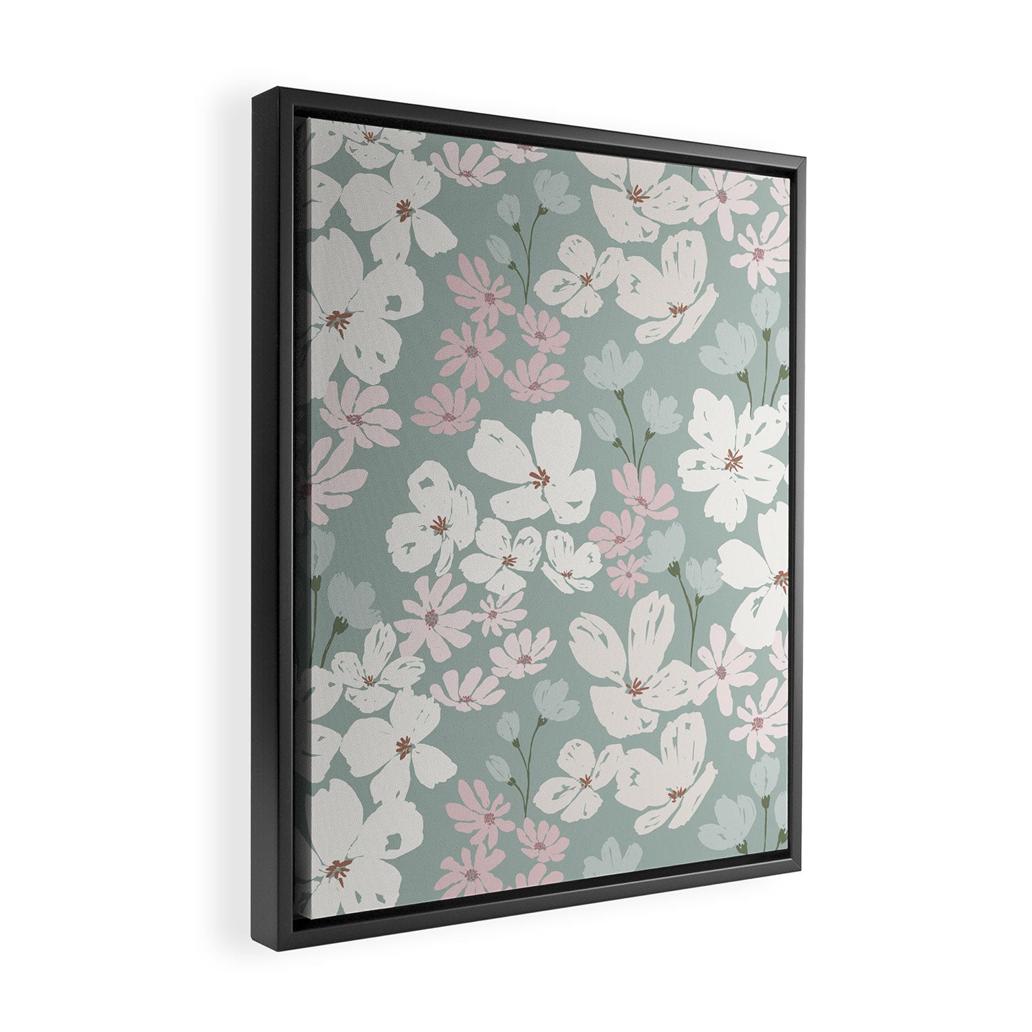 Soft meadow blooms - muted mint, dusty green, pink and beige floral pattern Framed Canvas Print Gallery Image 2