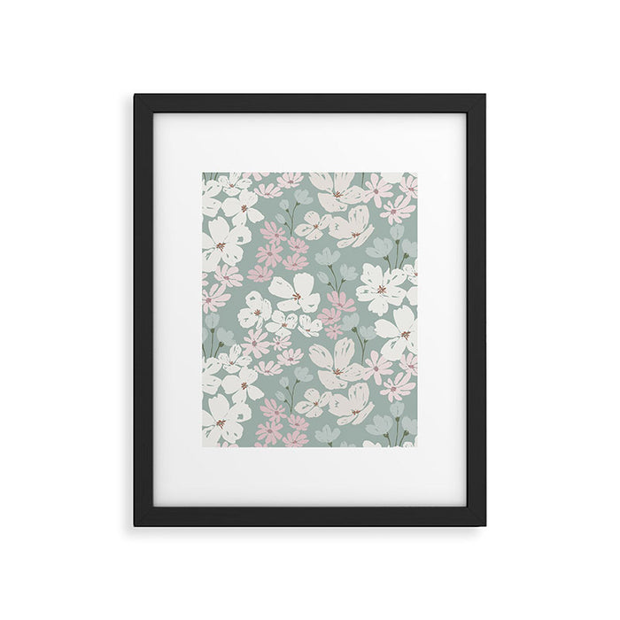 Soft meadow blooms - muted mint, dusty green, pink and beige floral pattern Framed Art Print Gallery Image 1