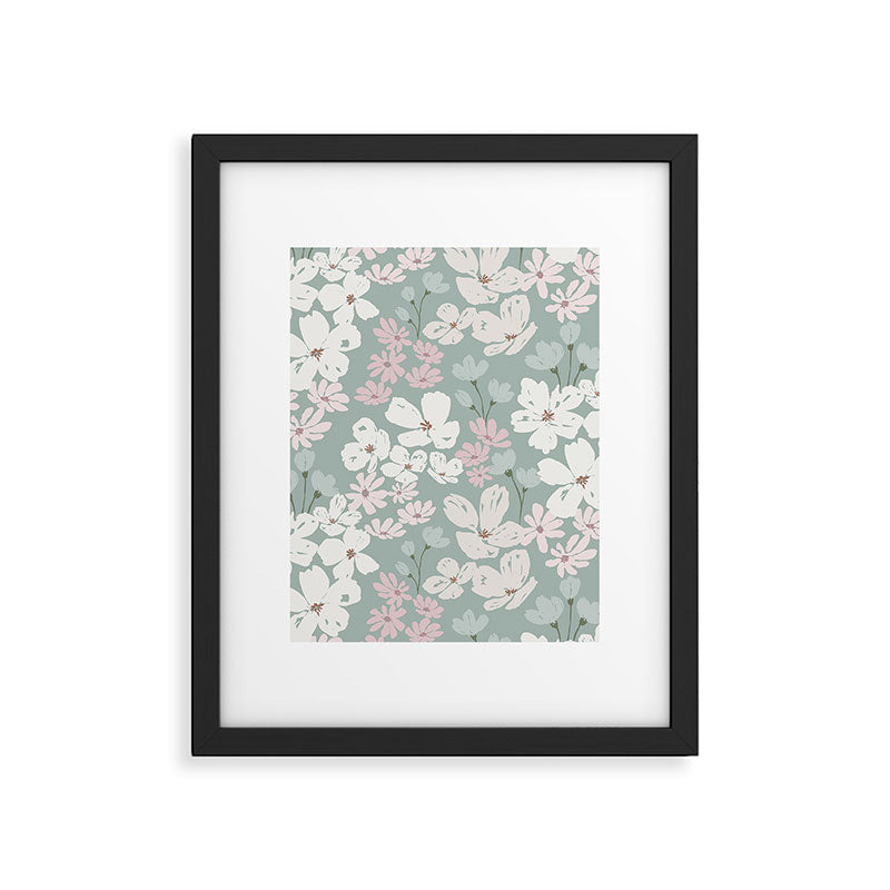 Soft meadow blooms - muted mint, dusty green, pink and beige floral pattern Framed Art Print Gallery Image 6