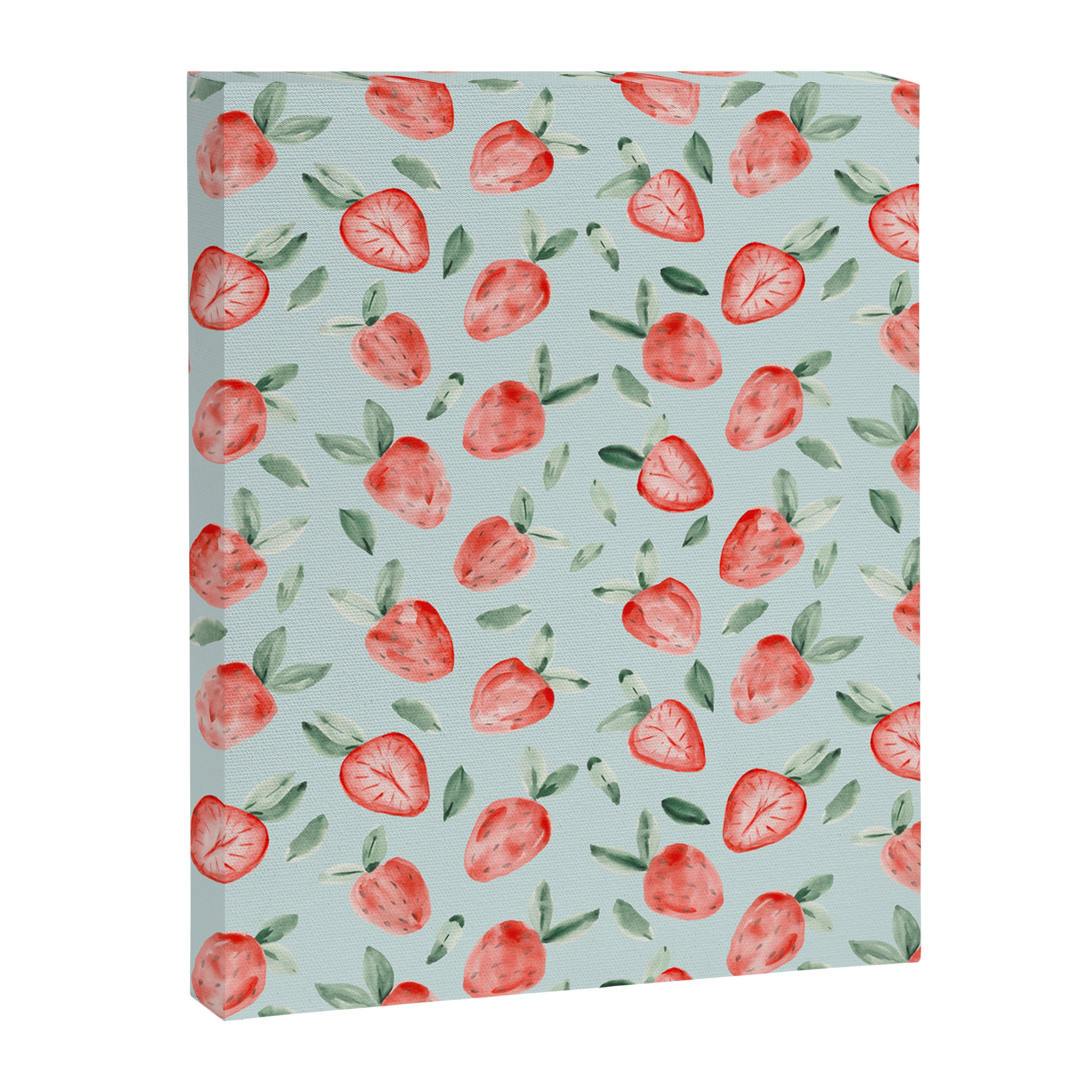 Watercolor painting of tropical strawberries on light greenish blue pattern Canvas Print Gallery Image 8