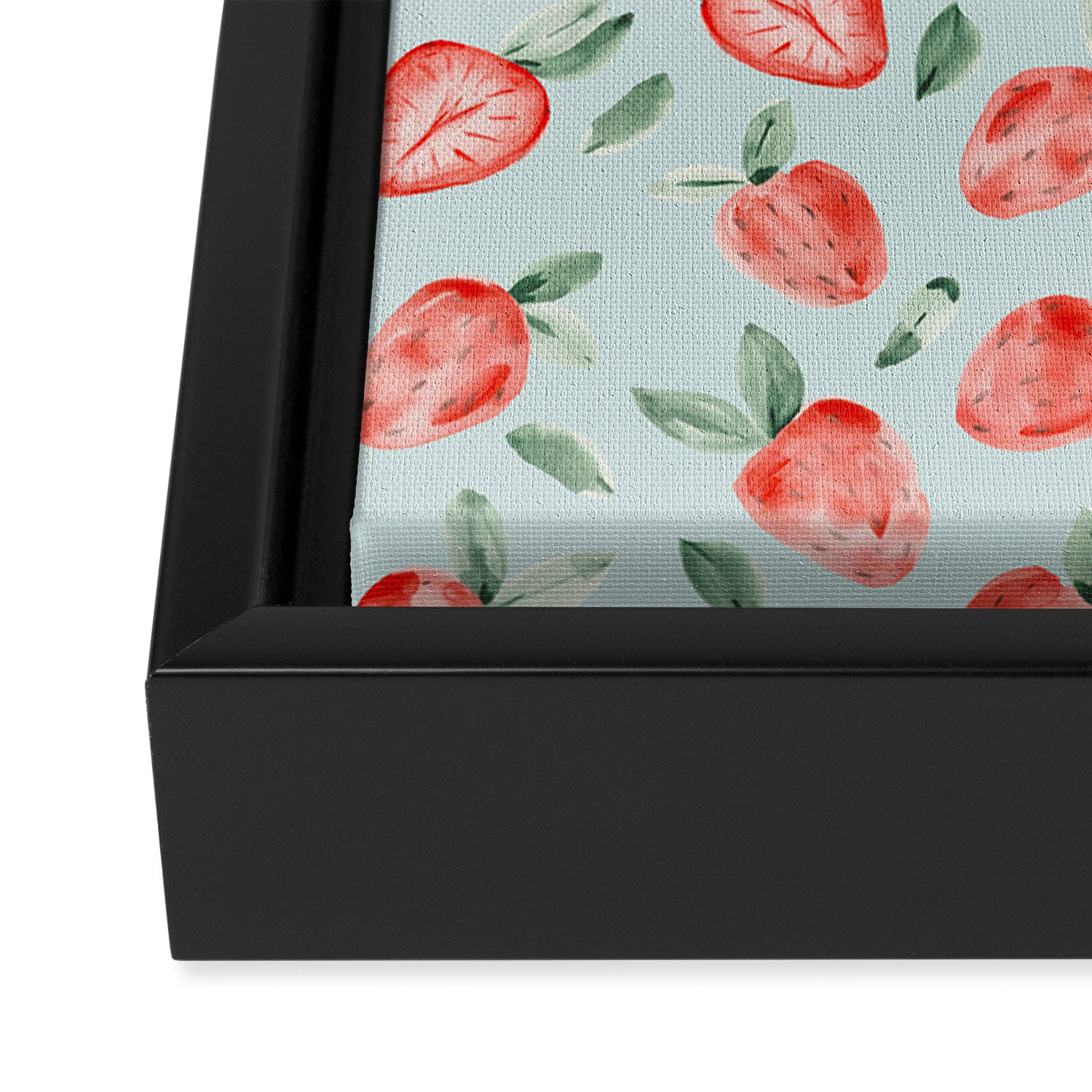Watercolor painting of tropical strawberries on light greenish blue pattern Framed Canvas Print Gallery Image 3