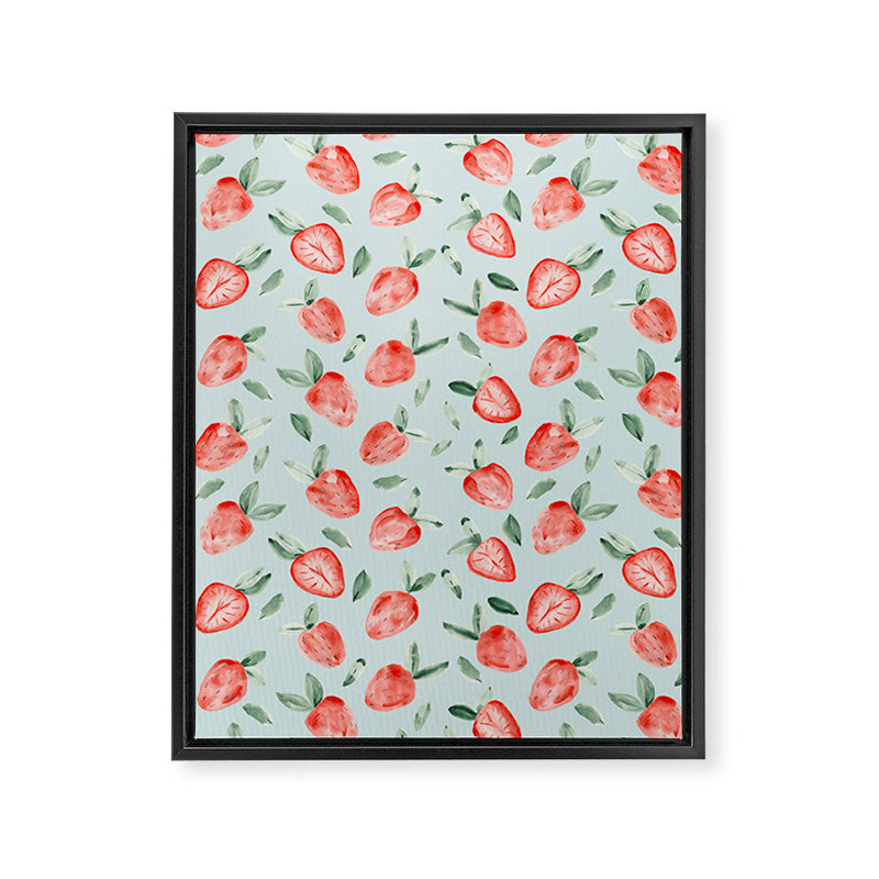 Watercolor painting of tropical strawberries on light greenish blue pattern Framed Canvas Print Gallery Image 8