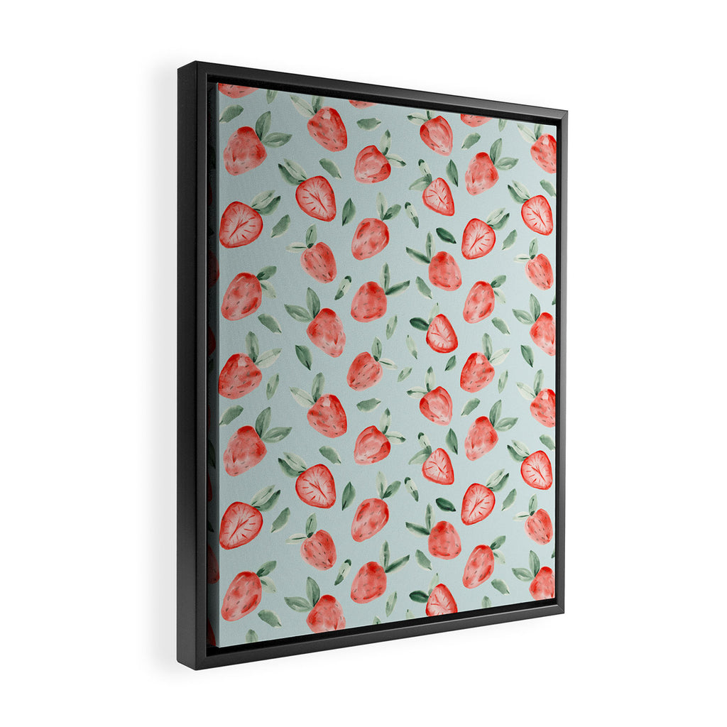 Watercolor painting of tropical strawberries on light greenish blue pattern Framed Canvas Print Gallery Image 2