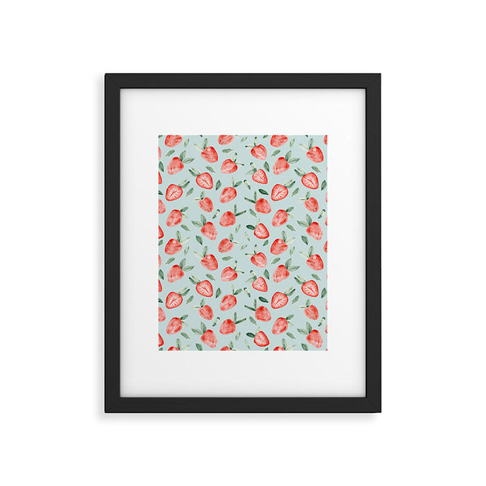 Watercolor painting of tropical strawberries on light greenish blue pattern Framed Art Print Gallery Image 1