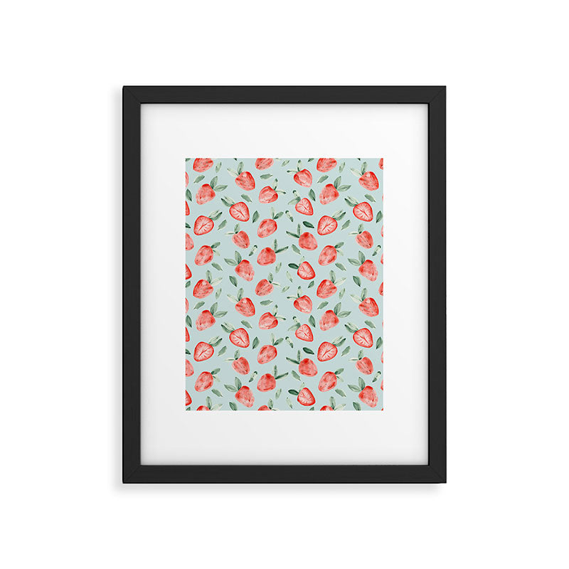 Watercolor painting of tropical strawberries on light greenish blue pattern Framed Art Print Gallery Image 6