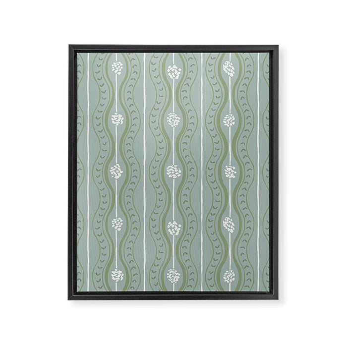 Wavy lines and tiny blooms - dusty mint sage green and cream stripes pattern Framed Canvas Print Gallery Image 1