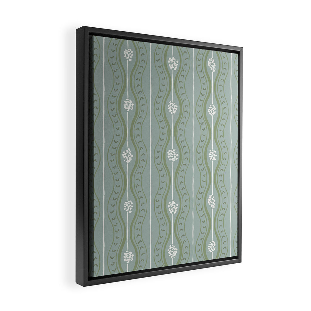 Wavy lines and tiny blooms - dusty mint sage green and cream stripes pattern Framed Canvas Print Gallery Image 2