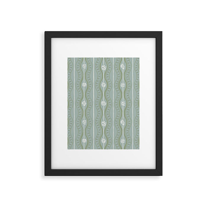Wavy lines and tiny blooms - dusty mint sage green and cream stripes pattern Framed Art Print Gallery Image 1