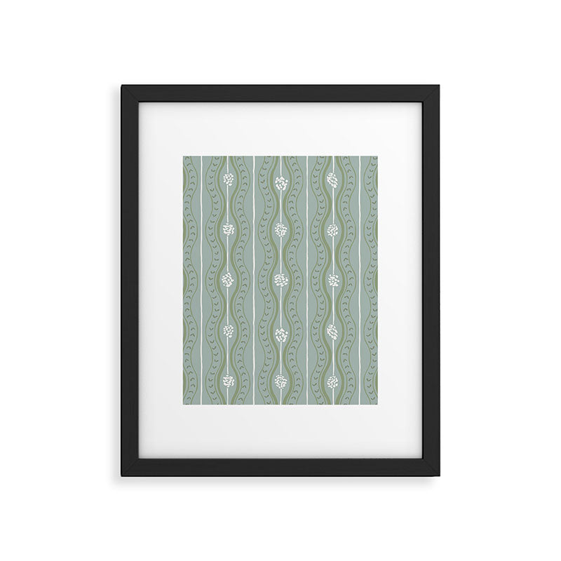 Wavy lines and tiny blooms - dusty mint sage green and cream stripes pattern Framed Art Print Gallery Image 6