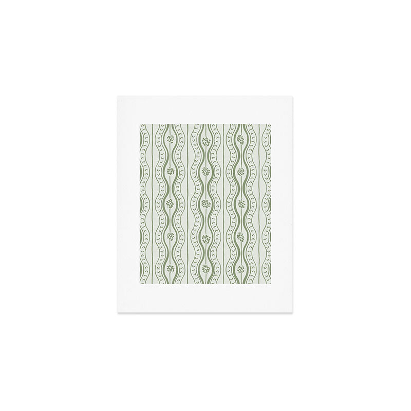 Wavy lines and tiny blooms - sage green tones pattern Art Print Gallery Image 1