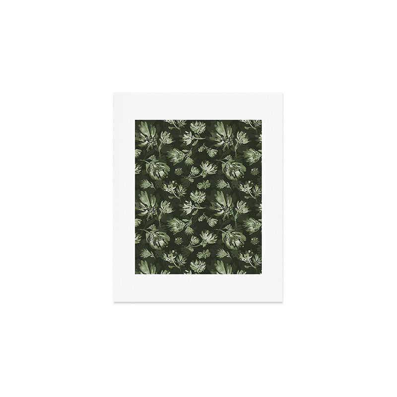 White and dark Sage green flowers watercolor pattern Art Print Gallery Image 1