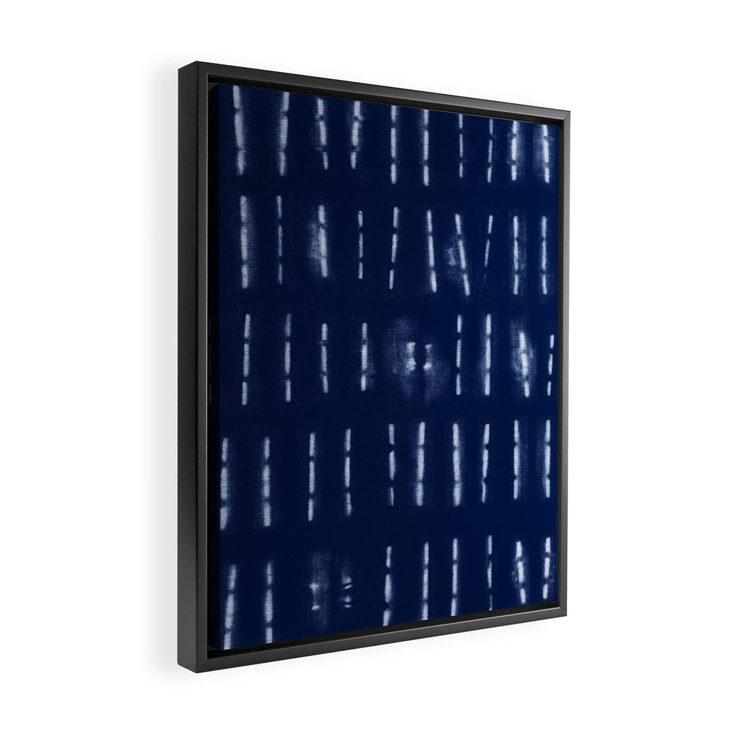 White stripes over blue shibori tie dye pattern Framed Canvas Print Gallery Image 2