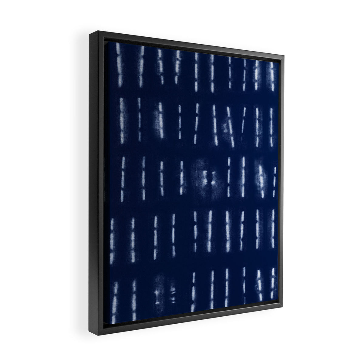 White stripes over blue shibori tie dye pattern Framed Canvas Print Gallery Image 2