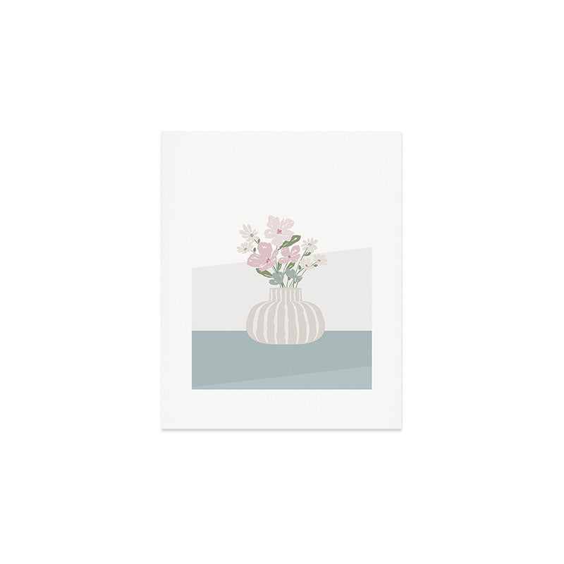 Wildflower bouquet in vase illustration - beige muted pink and dusty green flowers Art Print Gallery Image 1