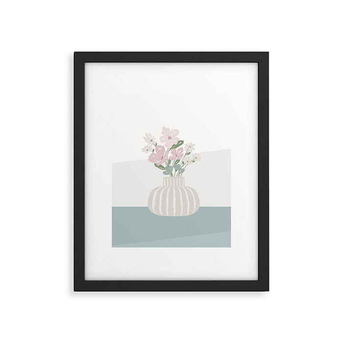 Wildflower bouquet in vase illustration - beige muted pink and dusty green flowers Framed Art Print Gallery Image 1
