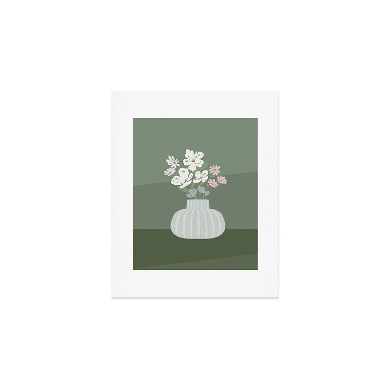 Wildflower bouquet in vase illustration - muted pink, beige and sage green flowers  Art Print Gallery Image 1