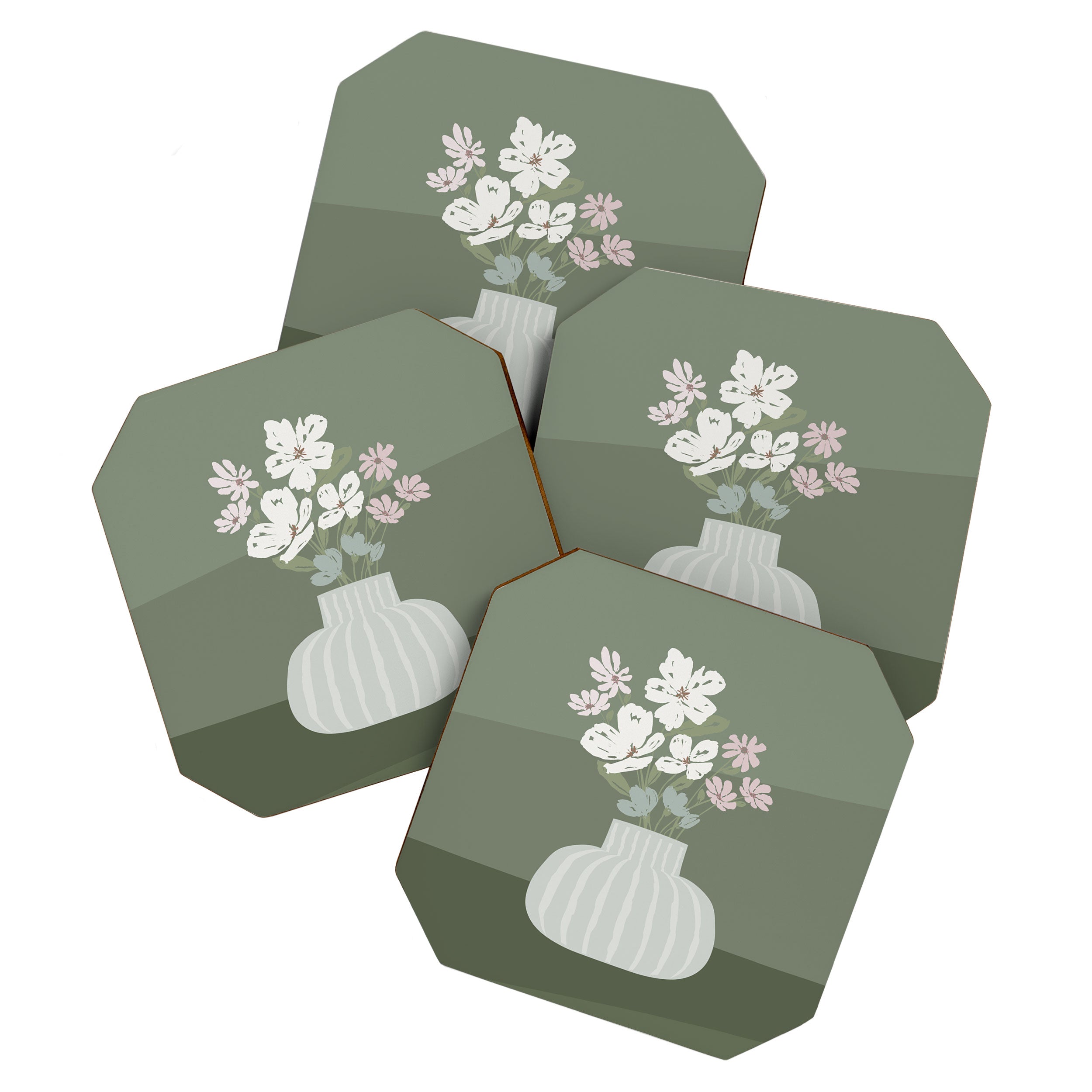 Wildflower bouquet in vase illustration - muted pink, beige and sage green flowers  Coaster Gallery Image 1