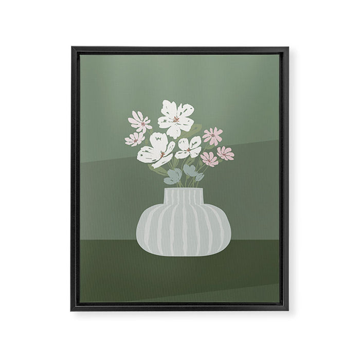 Wildflower bouquet in vase illustration - muted pink, beige and sage green flowers  Framed Canvas Print Gallery Image 1