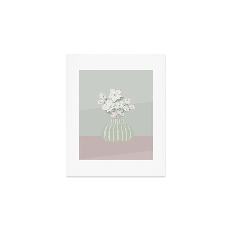 Wildflower bouquet in vase illustration - muted green, dusty pink and beige flowers Art Print Gallery Image 1