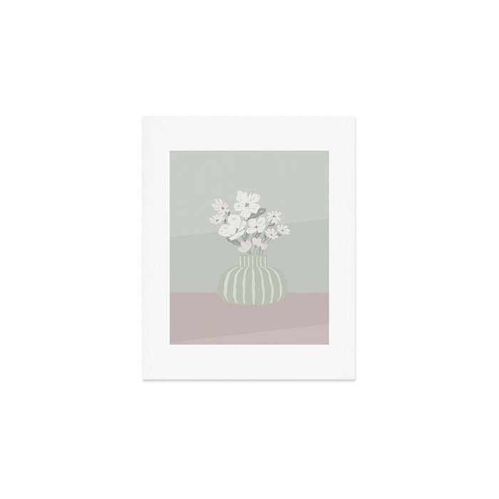 Wildflower bouquet in vase illustration - muted green, dusty pink and beige flowers Art Print Gallery Image 1