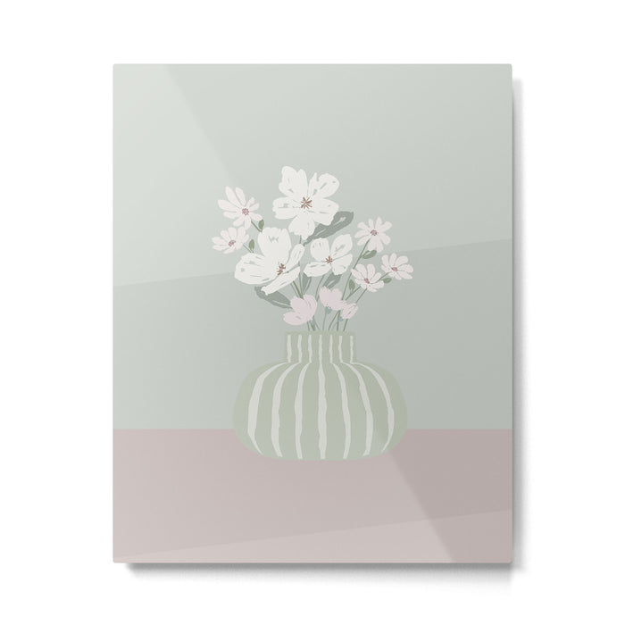 Wildflower bouquet in vase illustration - muted green, dusty pink and beige flowers Metal Print Gallery Image 1